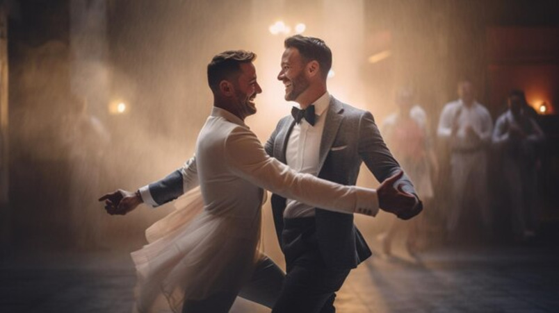 Two men dancing together at their wedding