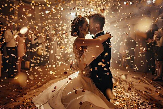 A man and woman dancing together at their wedding